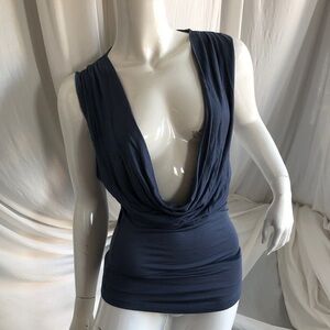 Deep Plunge front Dusty blue top Needs a brooch or show off bra Sz S